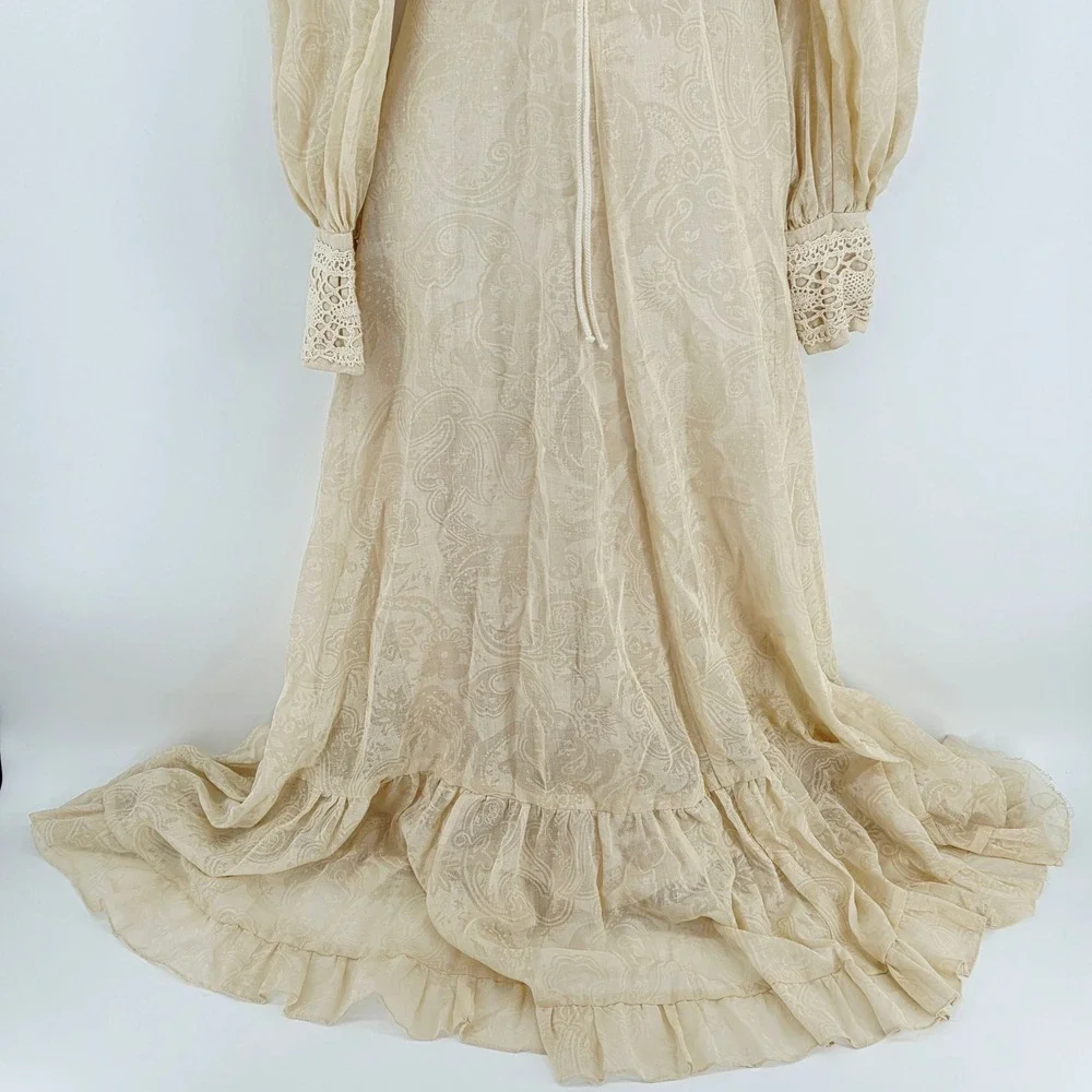 Vintage 1970s Gunne Sax Jessica Cream Crochet Maxi Prairie Sheer Dress Sz 5 - Picture 5 of 16